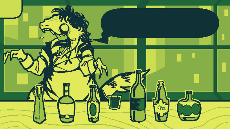 Mixology screenshot showing the hand-drawn pixel horror scene